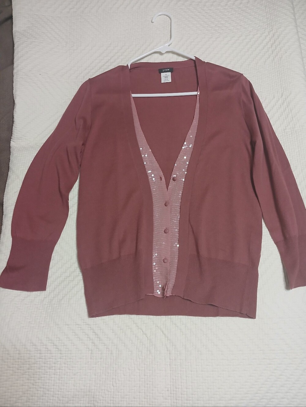 J. Crew Dusty Rosewood Sequin-Trim V-Neck Cardigan